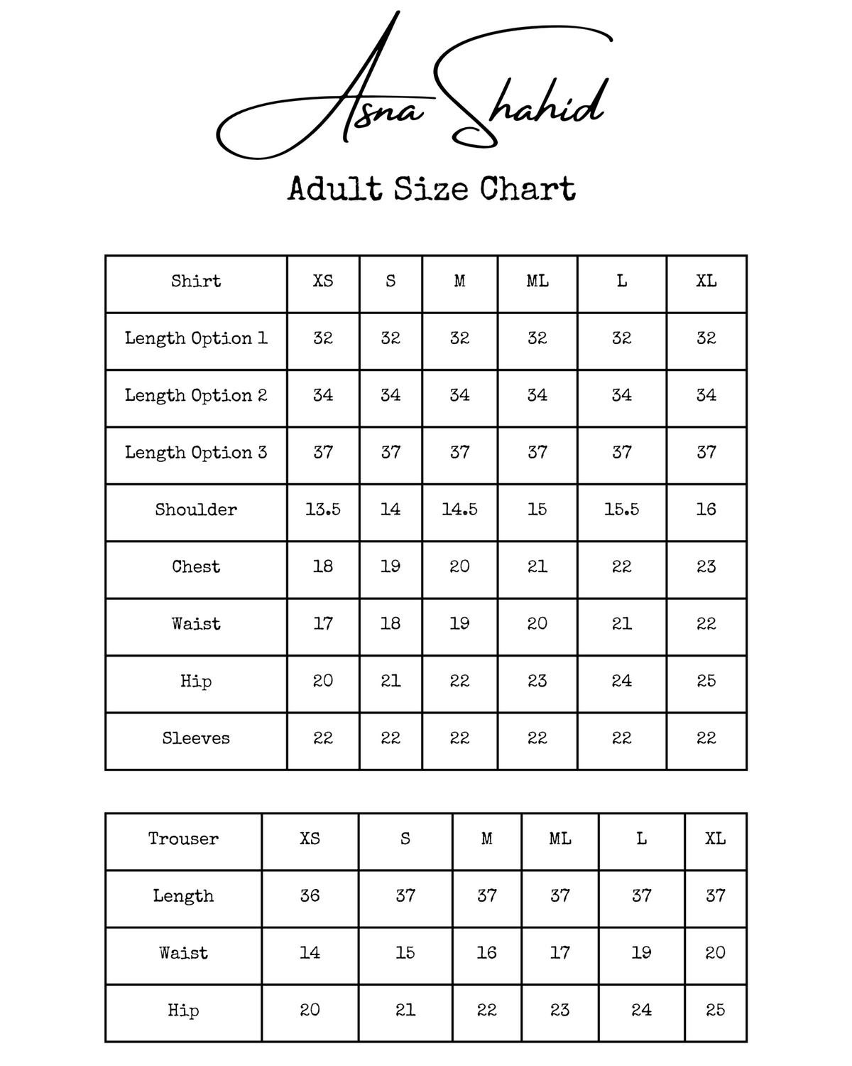 Asna Shahid adult size chart for Lemon Soufflé